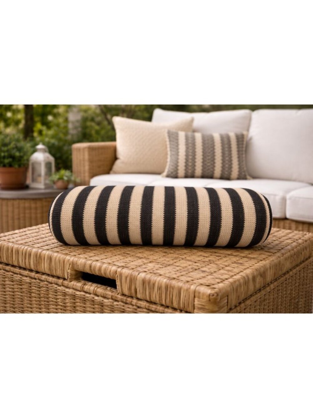 New Tan / Black Textured Stripped Outdoor Long Rope Round Pool Throw Pillow